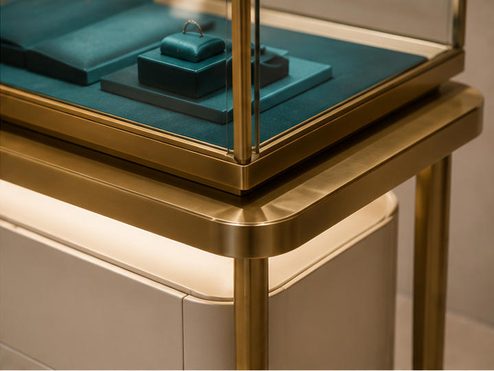 Asymmetric Mixed-Height Jewelry Display Console | Tower + Case Set 8 Gold console, mixed-height showcases and storage base material details
